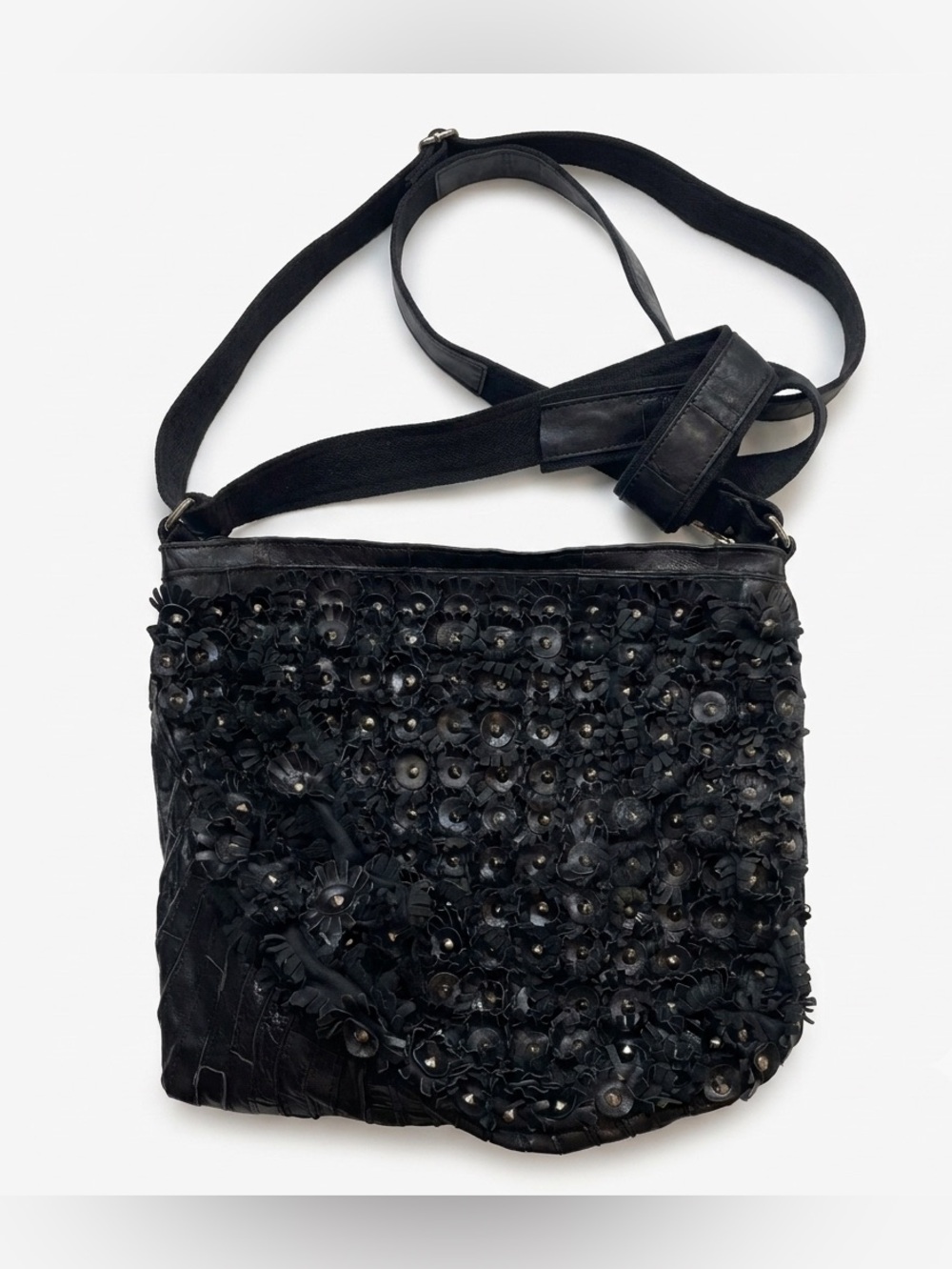 Vintage Black Leather Shoulder Bag‎ Floral Applique Studded Fringe Crossbody